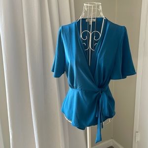 Monteau Blue Wrap Top Blouse Peplum Tie Closure